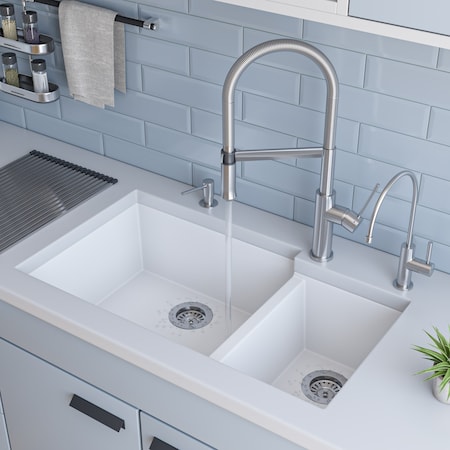 White 34 Dbl Bowl Undermount Granite Composite Kitchen Sink
